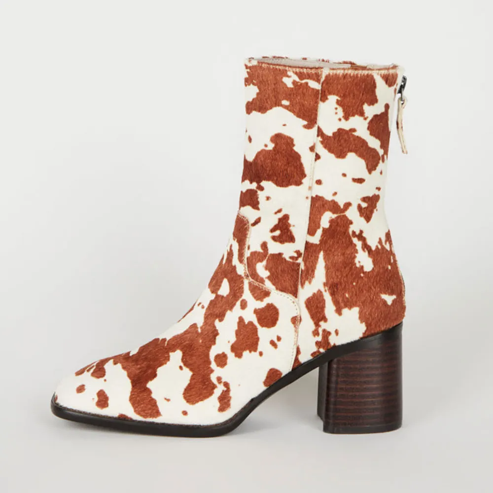 White & Tan Square Toe Block Heel Zipper Short Boots for Women