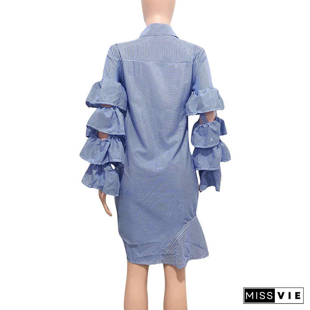 Leisure Stripes Multi Layer Flounced Sleeves Single-breasted Hem Midi Dress