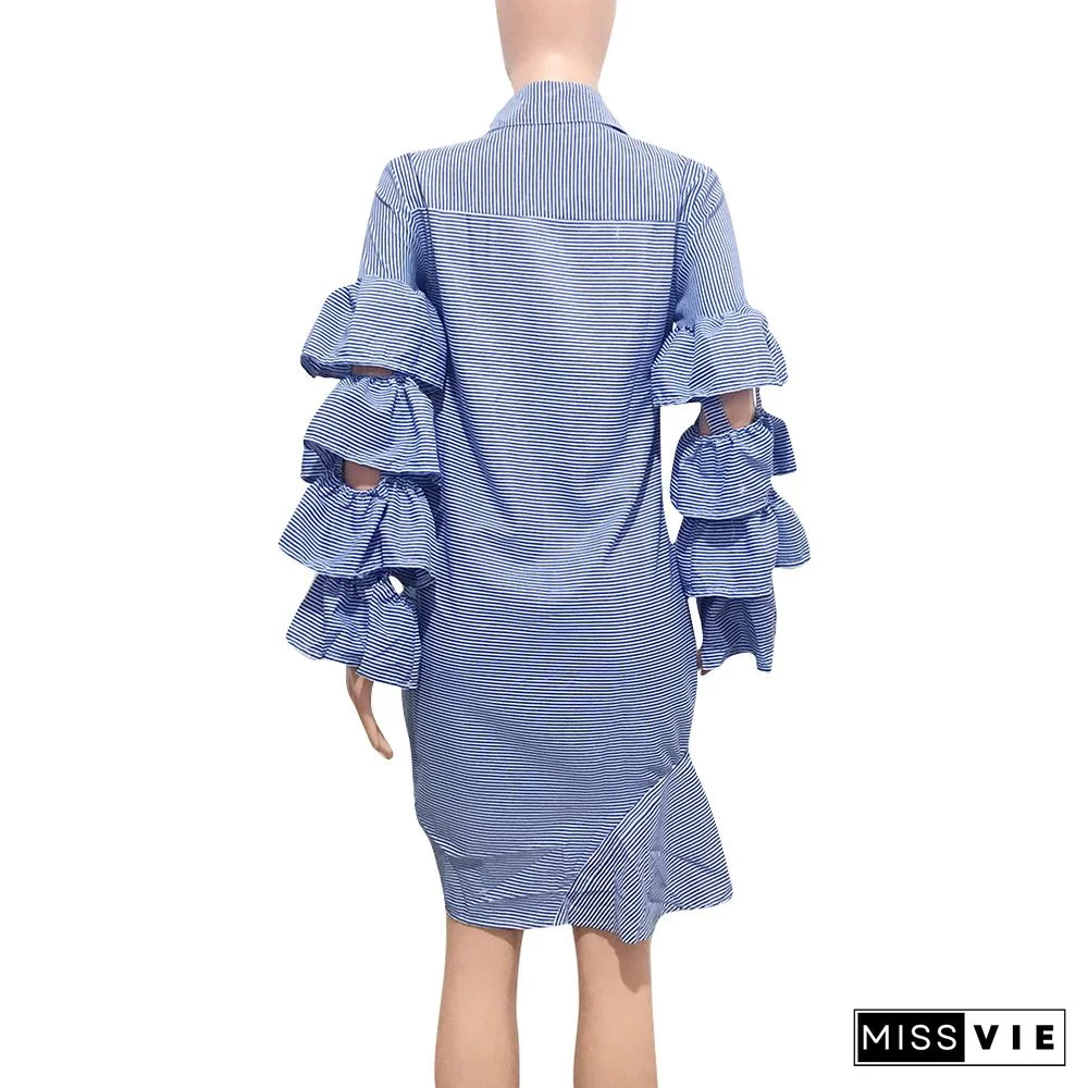 Leisure Stripes Multi Layer Flounced Sleeves Single-breasted Hem Midi Dress