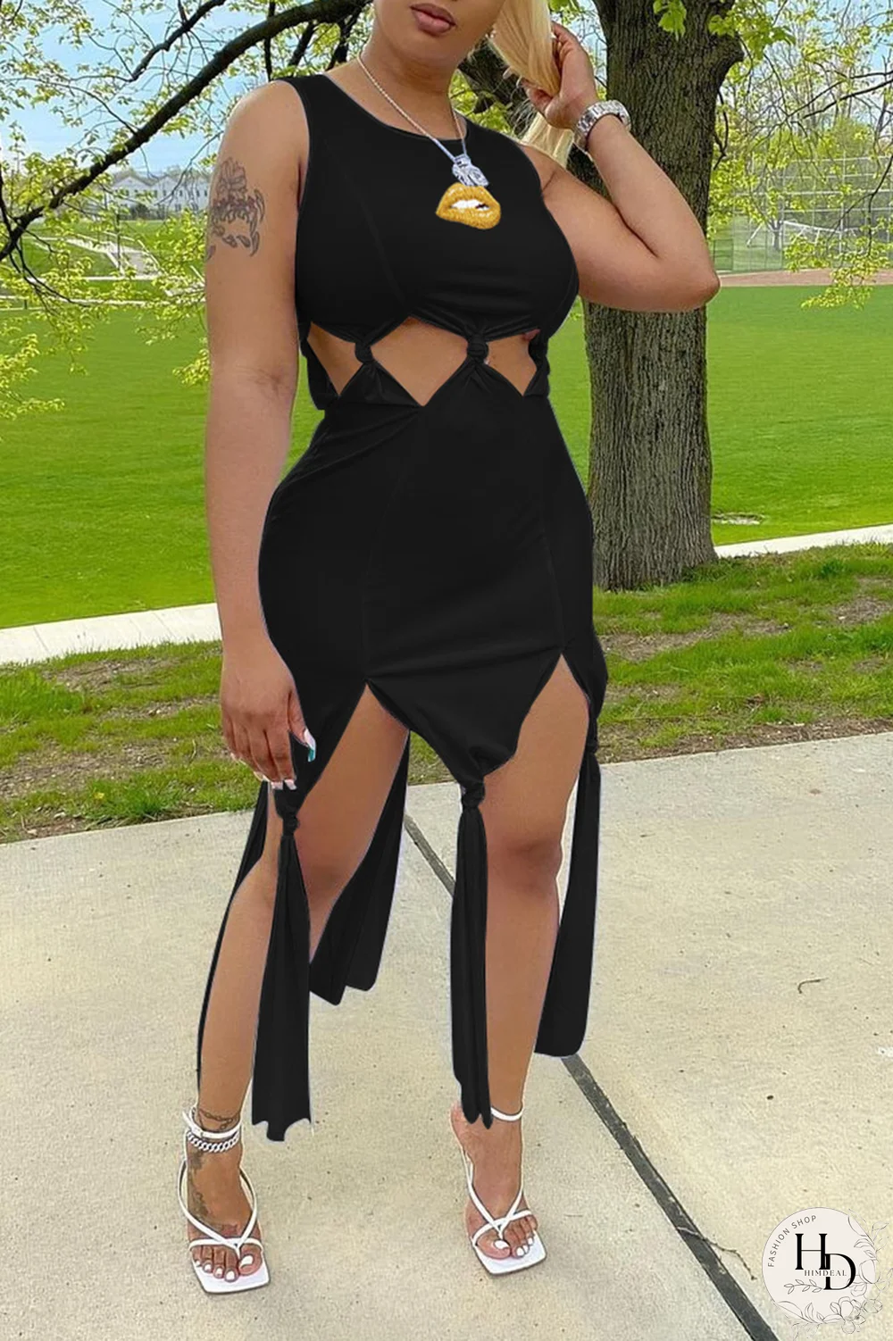 White Fashion Lips Printed Hollowed Out O Neck Irregular Dress Dresses