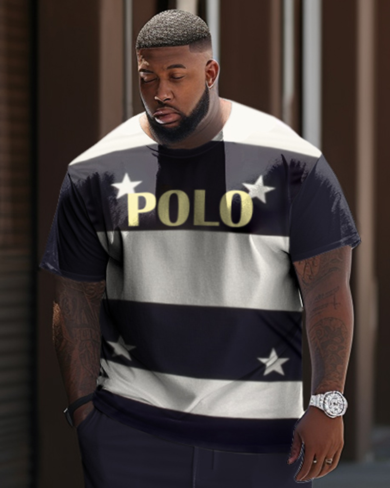Plus Size Men's Casual Two-Piece Color Matching Short-Sleeved T-shirt Set