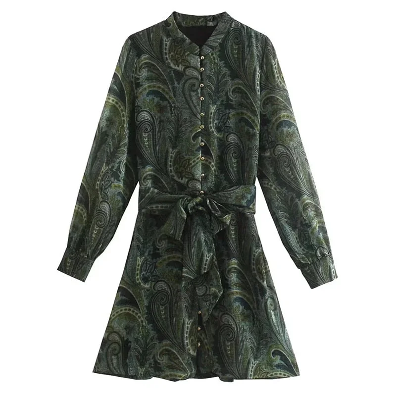 Aachoae Women Vintage Floral Printed Mini Dresses Casual Long Sleeve A Line Dresses With Sashes Female Fashion Elegant Dress