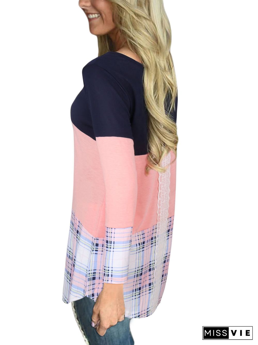 Women's Scoop Neck Long Sleeve Plaid Tops