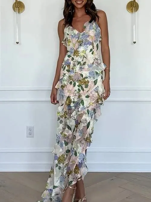 Suspender Printed Ruffle Dress