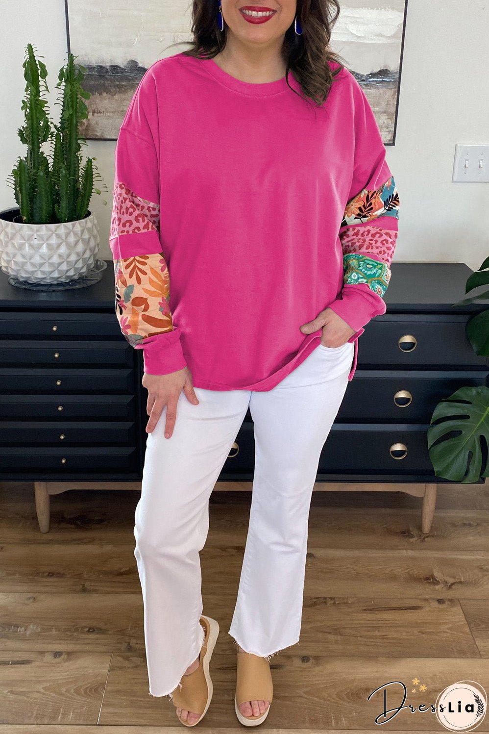 Rose Red Plus Size Printed Patchwork Sleeve Split Sweatshirt