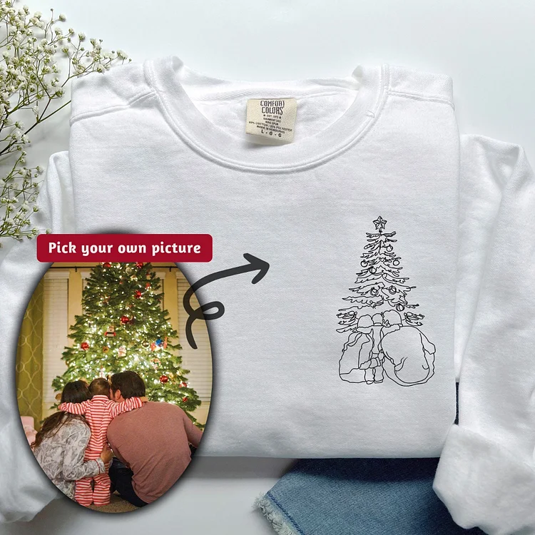 Christmas Family Photo Portrait Sweatshirt,Custom Your Photo Outline Hoodie,Family Christmas Line Art