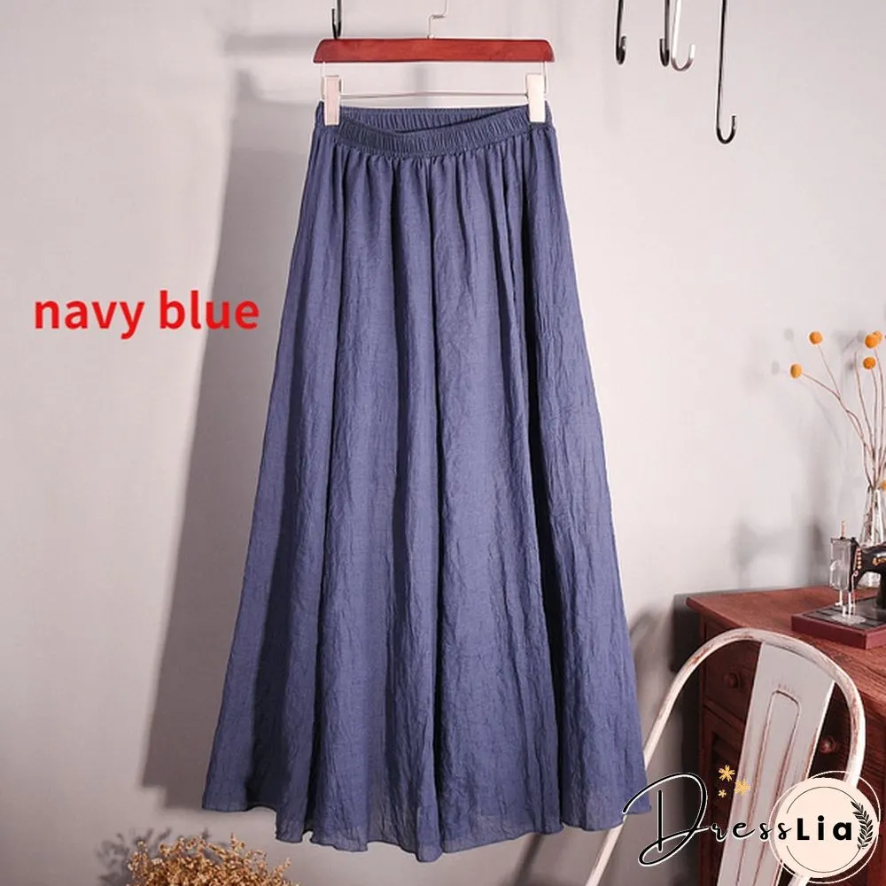 Women Cotton Linen Pleated Maxi Skirt Elastic Waist Vintage Solid Color Boho Beach Spring Summer Pleated Maxi Skirt