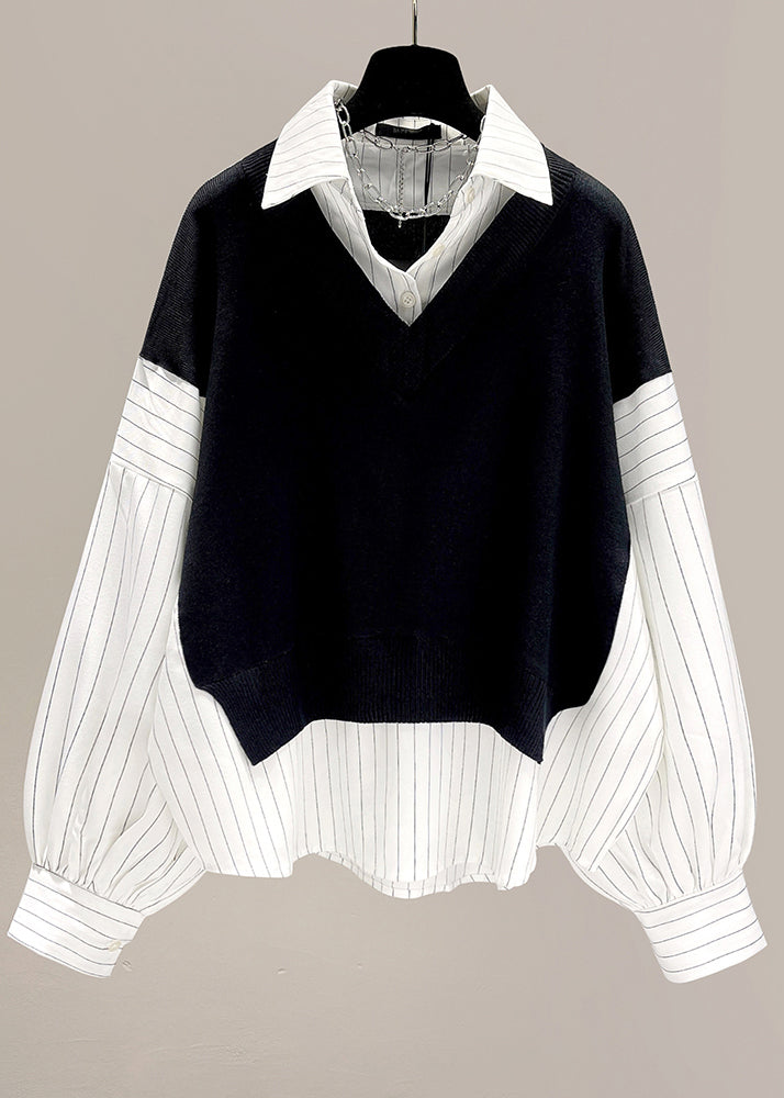 VCSHOES Loose Black Peter Pan Collar Patchwork Striped Button Fake Two Pieces Tops Long Sleeve