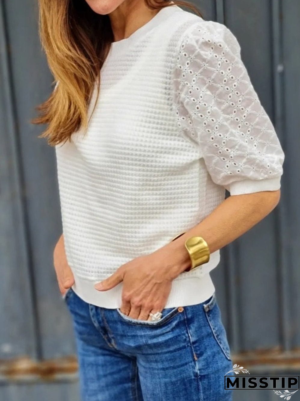 Elegant White Embroidered Waffle Knit Puff Sleeve Tee