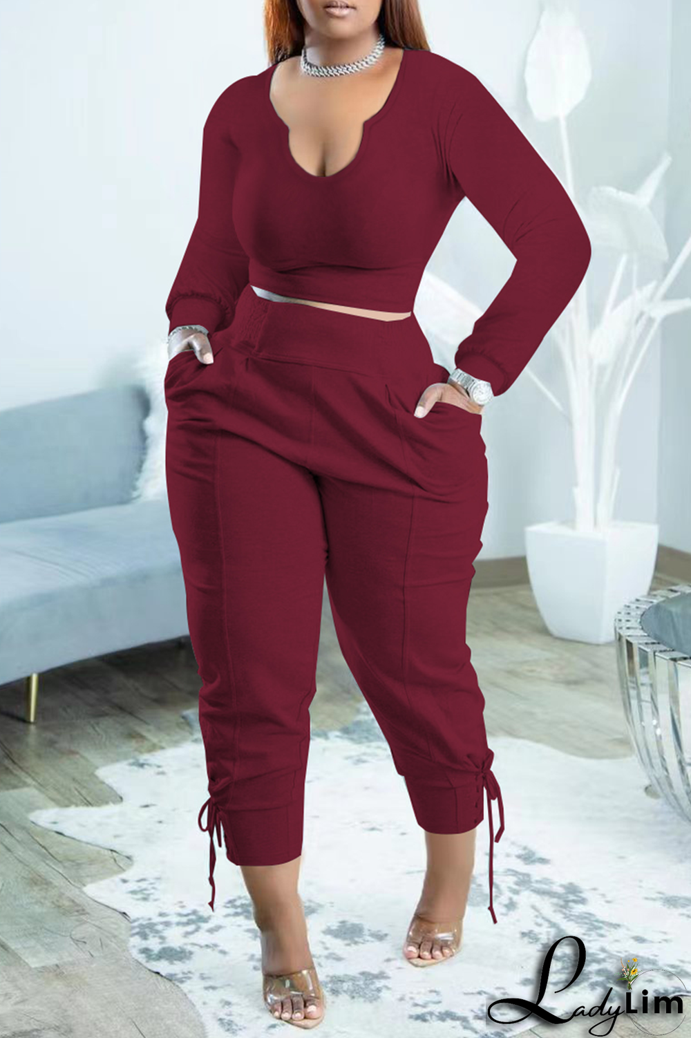 Blue Fashion Solid Draw String U Neck Long Sleeve Two Pieces