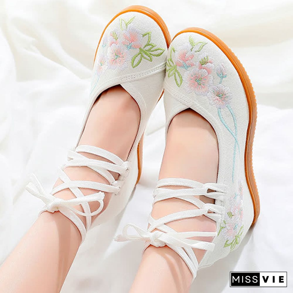 Vintage Blossom Embroidery Lace Up Flats Shoes