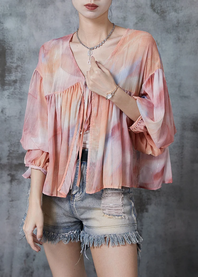 Plus Size Gradient Color Oversized Lace Up Chiffon Blouses Fall