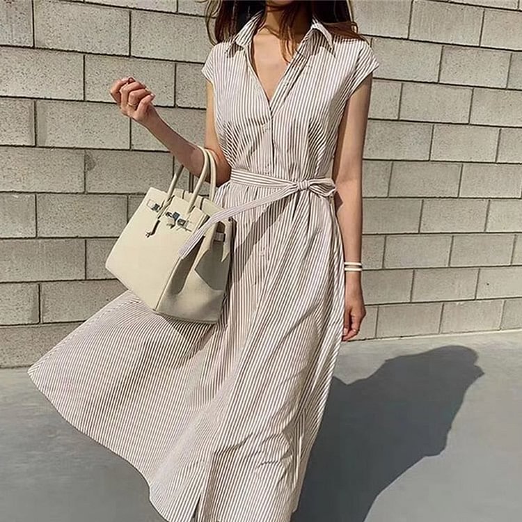 2021 Summer Plus Size Long Shirt Dress Casual Sleeveless Blue Striped Dresses for Women Loose Lace Up Dresses Robe Femme 10389