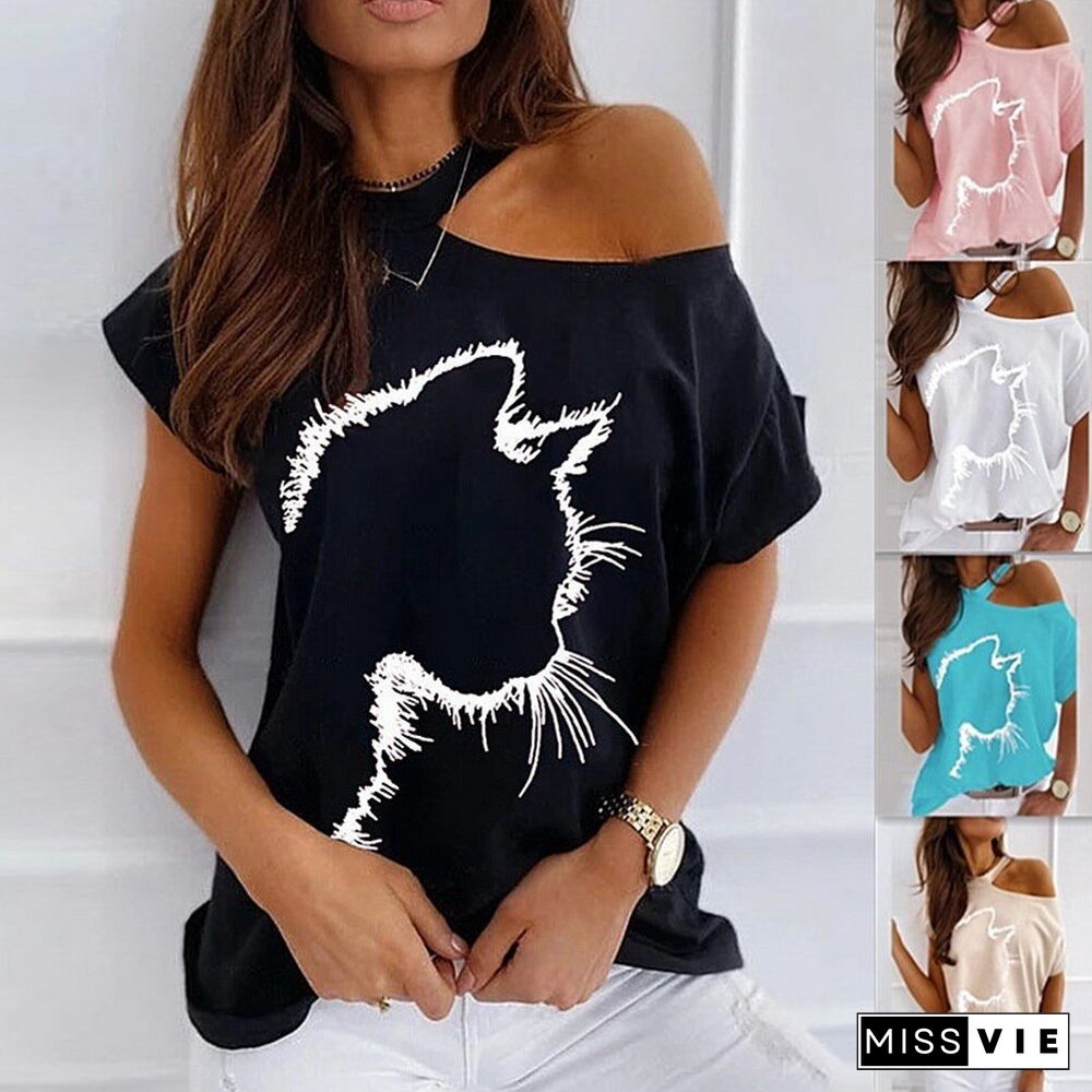 Sexy Blouse Women Elegant Fashion Short Sleeve Hollow Out Blouse Cat Cute Print One Shoulder Pullover Women Clothing Summer D30