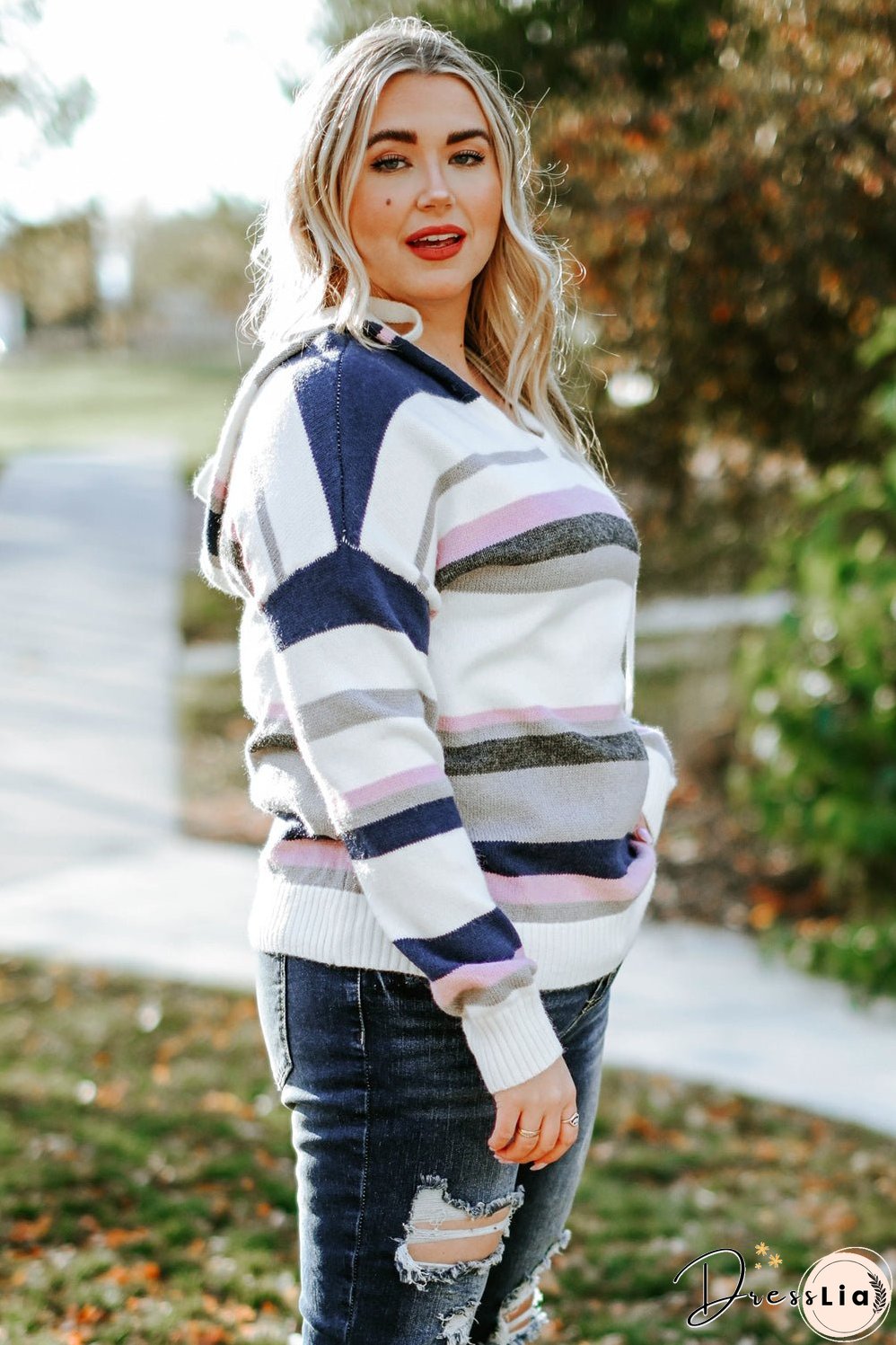 Plus Size Striped Hooded Knit Sweater
