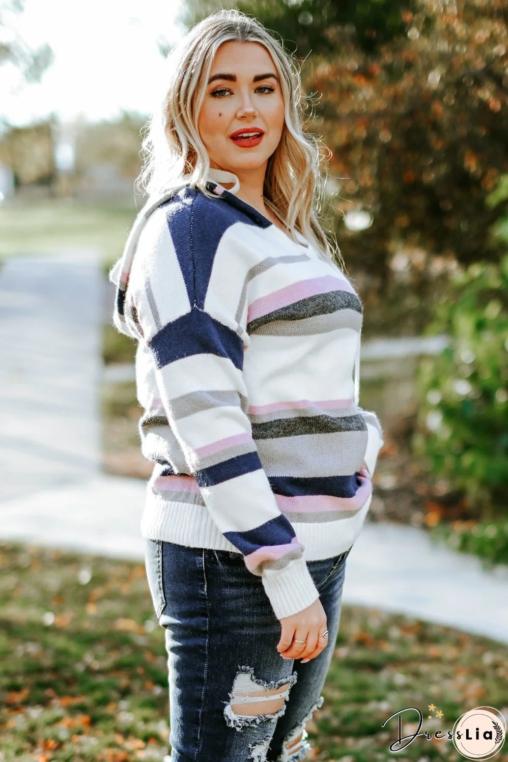 Plus Size Striped Hooded Knit Sweater