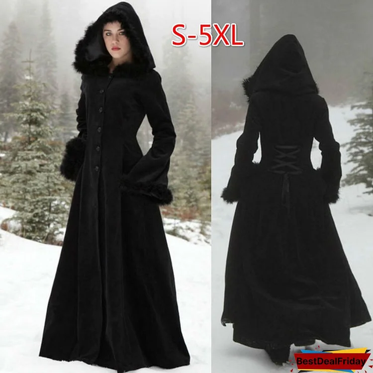 Winter Medieval Cosplay Costume Gothic Women's Fashion Fur Flare Sleeve Hoodies Rrtro Warm Plus Size Long Coat