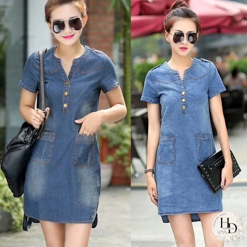 New fashion Summer Style Plus Size A Line Denim Dress Women V-neck Short Sleeve Slim Casual Office Denim Jeans Dress Vestidos Robe