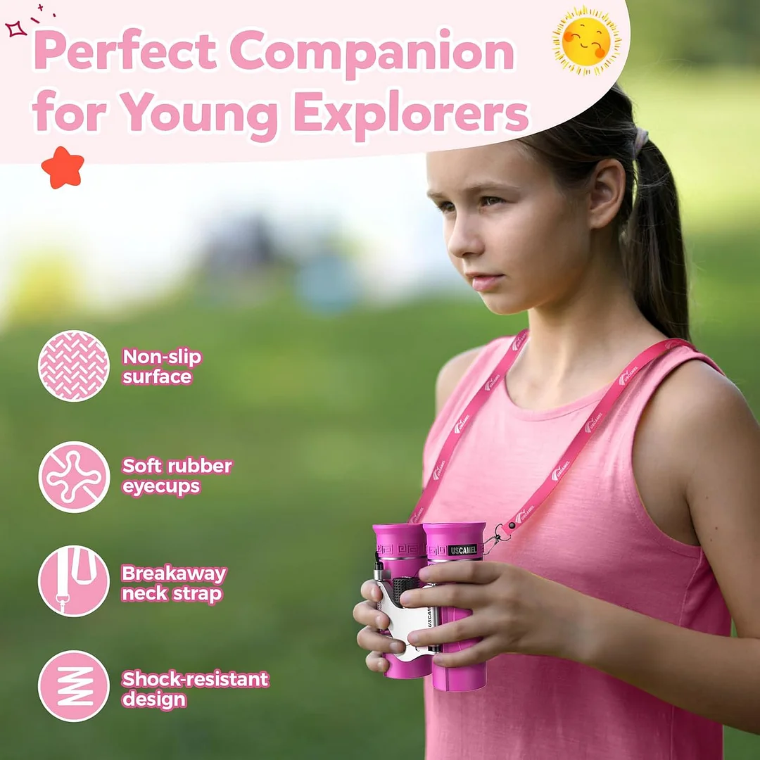 Binoculars for Kids 8-12,Compact Travel Binoculars with BAK-4 Prism, Fully Multi-Coated Optics, Carry Bag & Neck Strap（Pink）