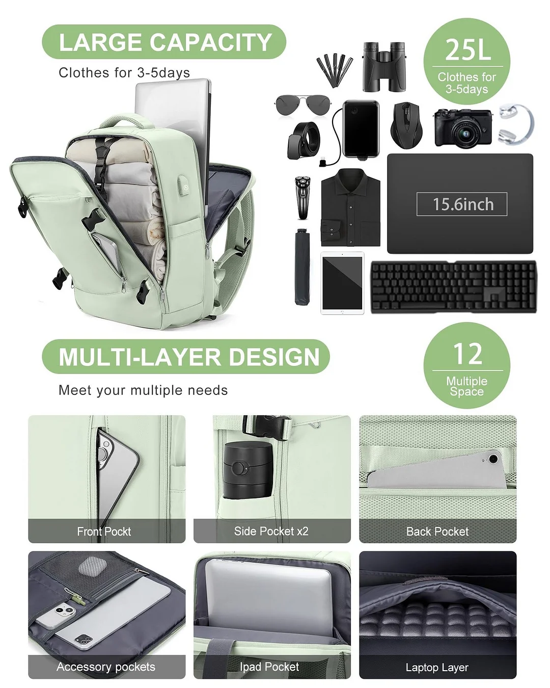 Outdoor Travel backpack large Capacity carry on  Airline Flight with USB Charging Port with shoe compartment