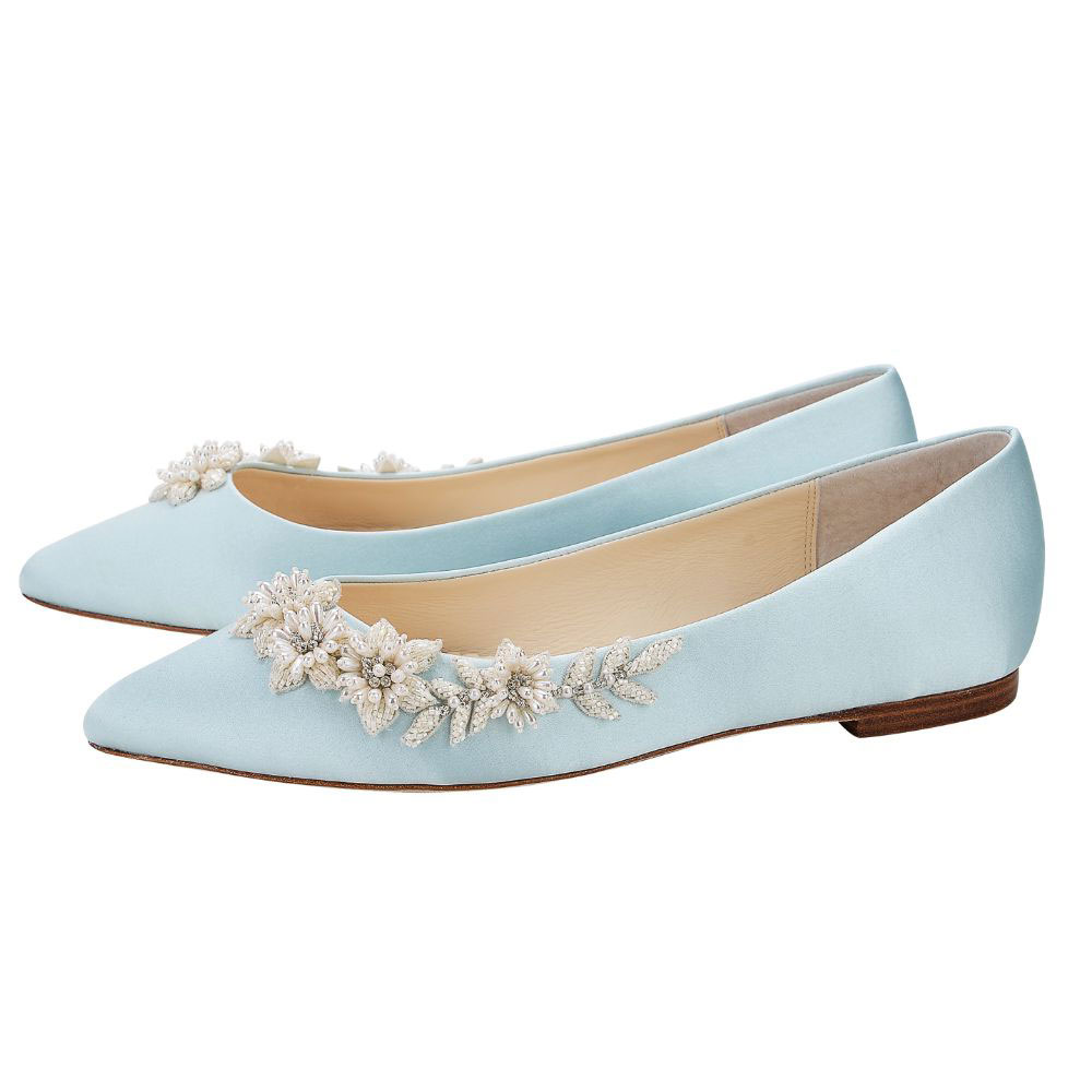 Blue Satin Pointed Toe Pearl Floral Inlay Wedding Flats Nicepairs