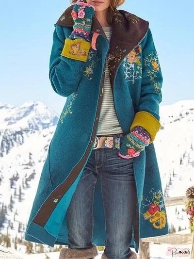 Women Floral Shawl Collar Knitted Long Sleeve Knit Coat
