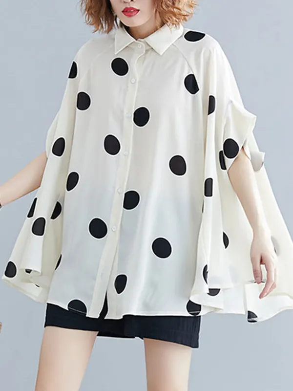 Women's Polka Dots Contrast Mesh Batwing Short Sleeve Shirt Blouse Top