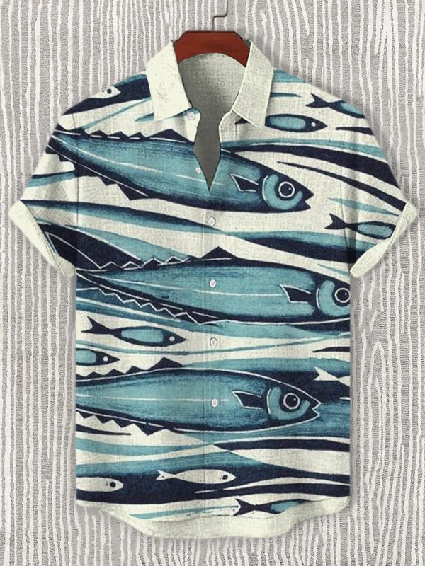 Men's Sea Fish School Art Print Linen Blend Shirt