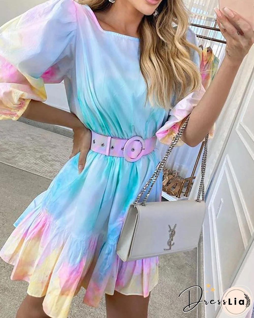 Tie Dye Print Puff Sleeve Round Neck Summer Dress