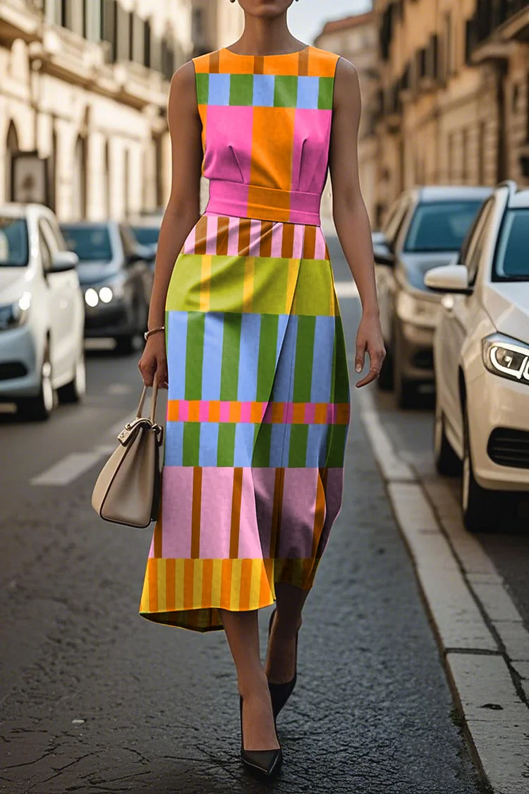 Women's Elegant Printed Sleeveless Midi Dress