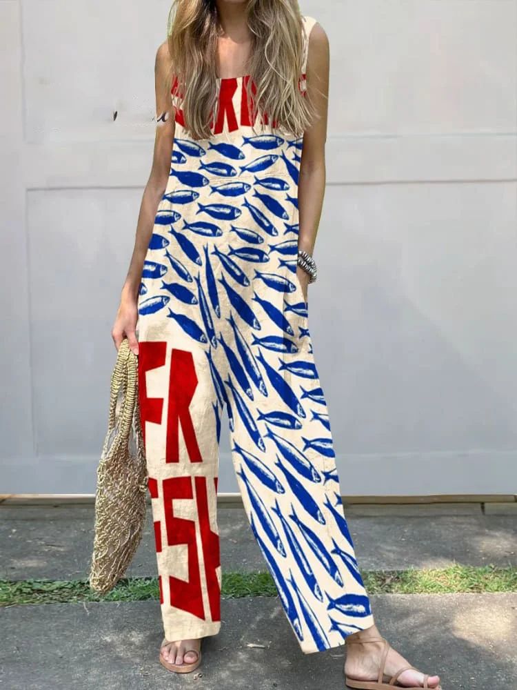 Women's Vintage Fish Sardines Art Print Casual 100% Cotton Wide Leg Jumpsuit