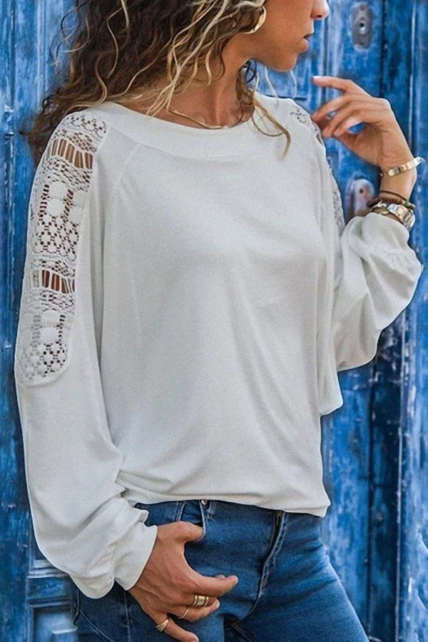 Round Neck Long Sleeve Lace Patchwork T-Shirts