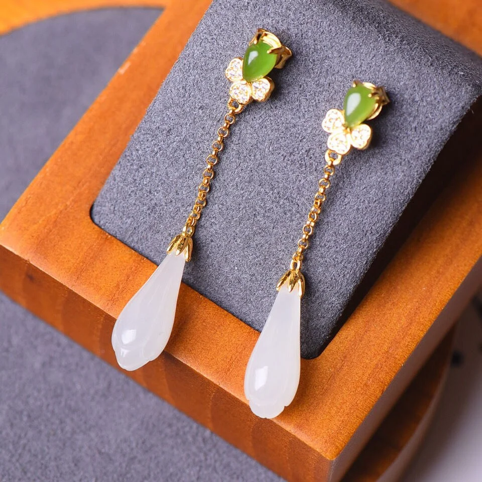 Ancient Gold Natural Hetian Jade Green Jade Orchid Earrings Long Earrings Classical Simple Tassel Four Leaf Clover Ear Stud