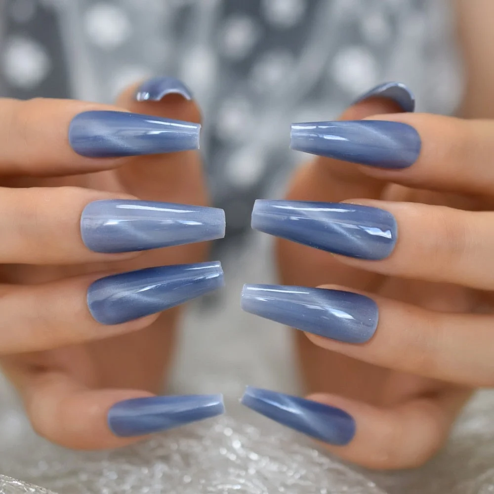 Ancient Blue Ballerina Fake Nails Hand Made Extra Long Tapered Cat Eye Pattern Hand painted Thick Galaxry Press On Nail 20 CT-Nail Inspo