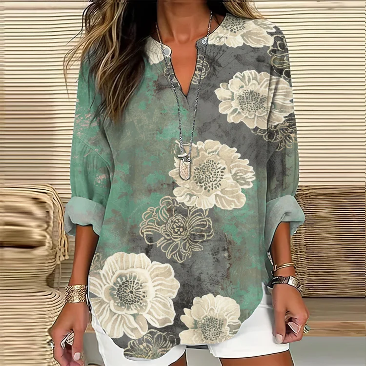 VChics Vintage Floral Print V-Neck Long Sleeved Blouse