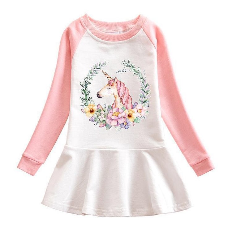 Garland Pink Unicorn Print Girls Long Sleeve Cotton Sweatshirt Dress-Mayoulove