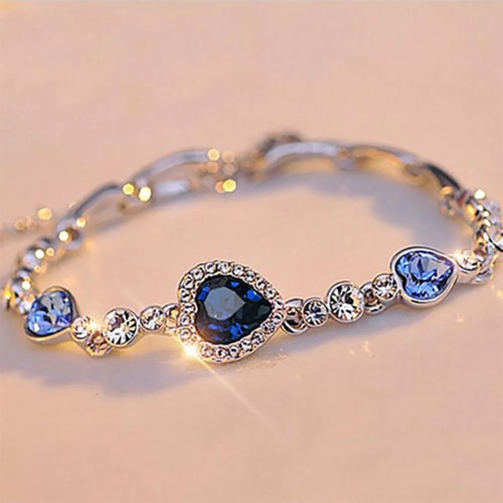 Ocean Blue Crystal Rhinestone Heart Bangle Bracelet