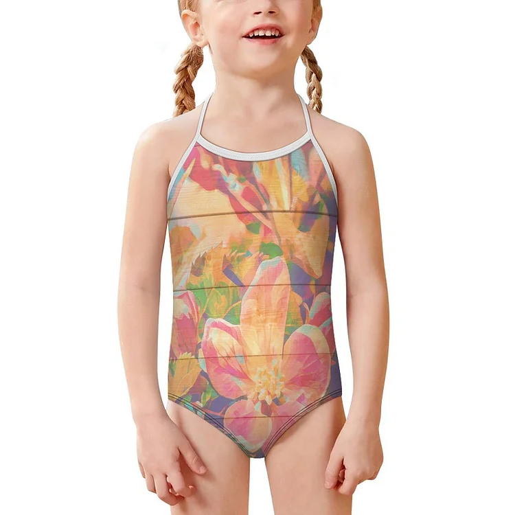 Children's Strap Swimsuit Oil Painting, Flowers, Wood Engraving