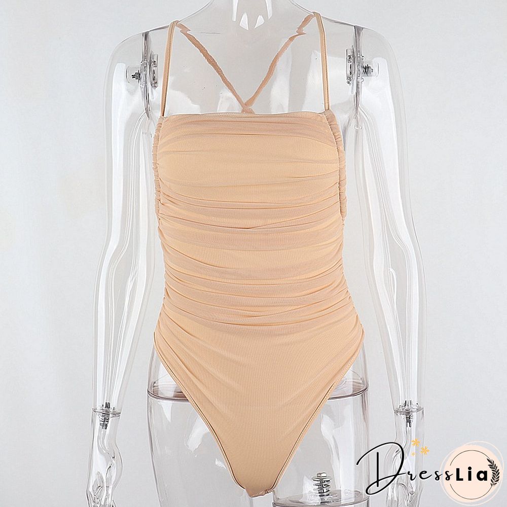 Sleeveless Chic Fashion Mesh Ruched Halter Bodysuit Women Female Tie Up Backless Body Suit Feminino Top Streetwear