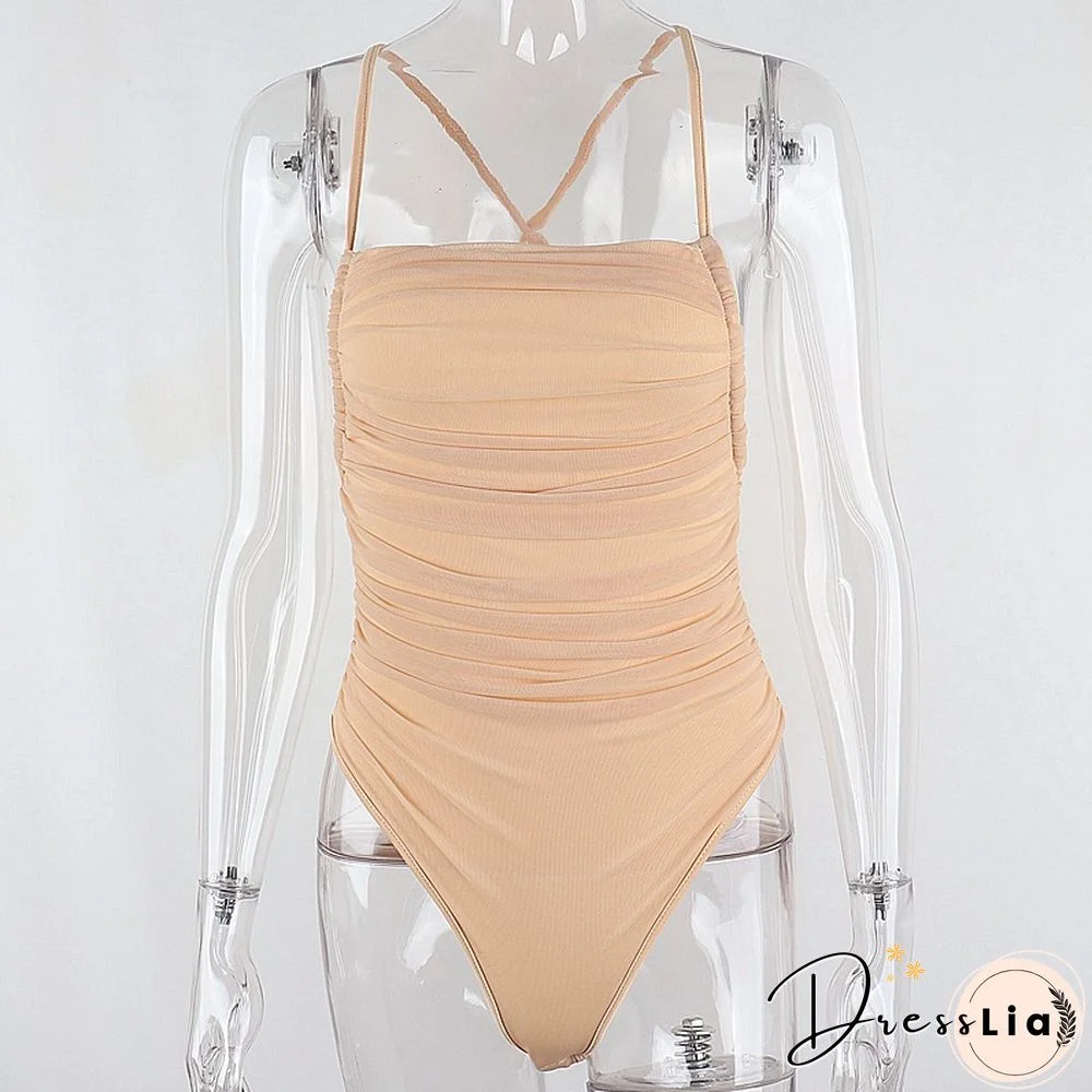 Sleeveless Chic Fashion Mesh Ruched Halter Bodysuit Women Female Tie Up Backless Body Suit Feminino Top Streetwear