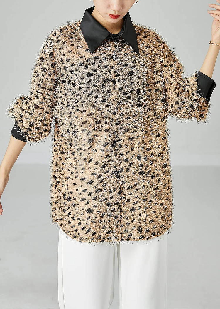 Casual Khaki Oversized Fluffy Leopard Print Top Long Sleeve