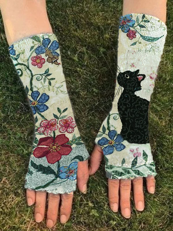 Casual cat print warm gloves
