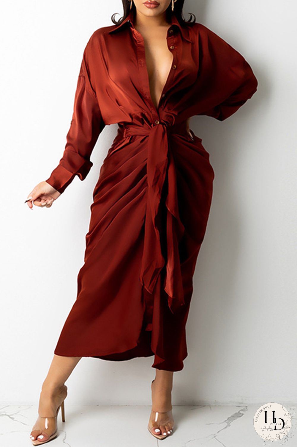 Khaki Fashion Casual Solid Bandage Turndown Collar Long Sleeve Dresses