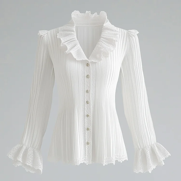 Ursime Lace Ruffled V Neck Button Flare Sleeve Blouse