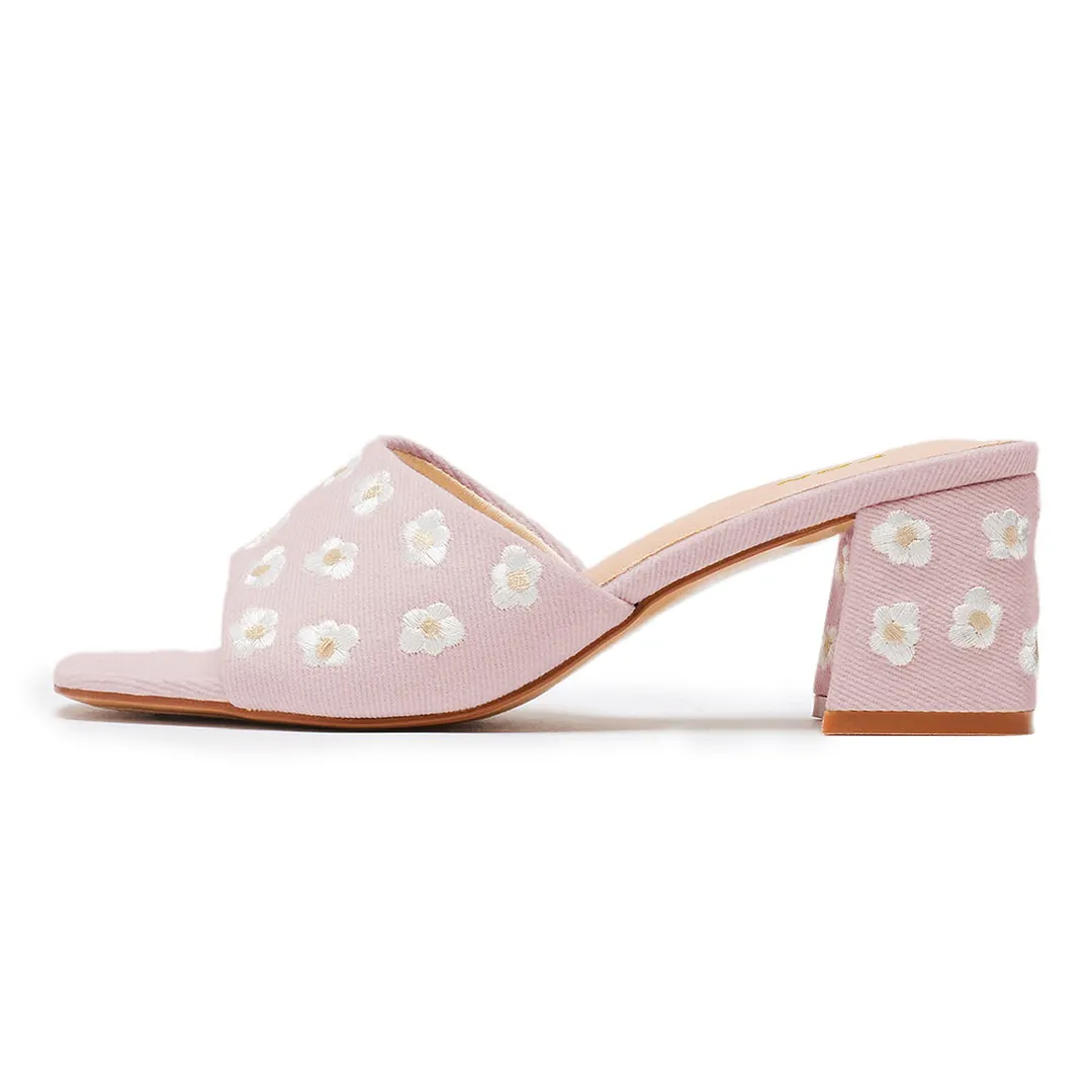 Pink Open Toe Block Heel Floral Embroidery Slide Sandals Women