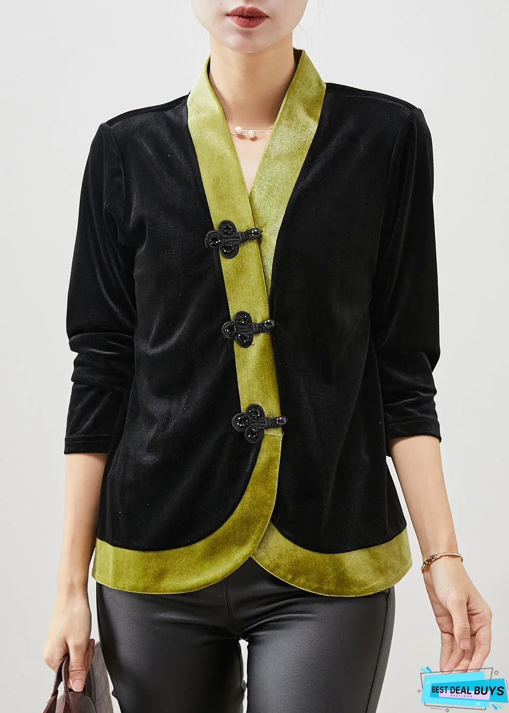 Vintage Green Patchwork Oriental Silk Velour Blouses Spring