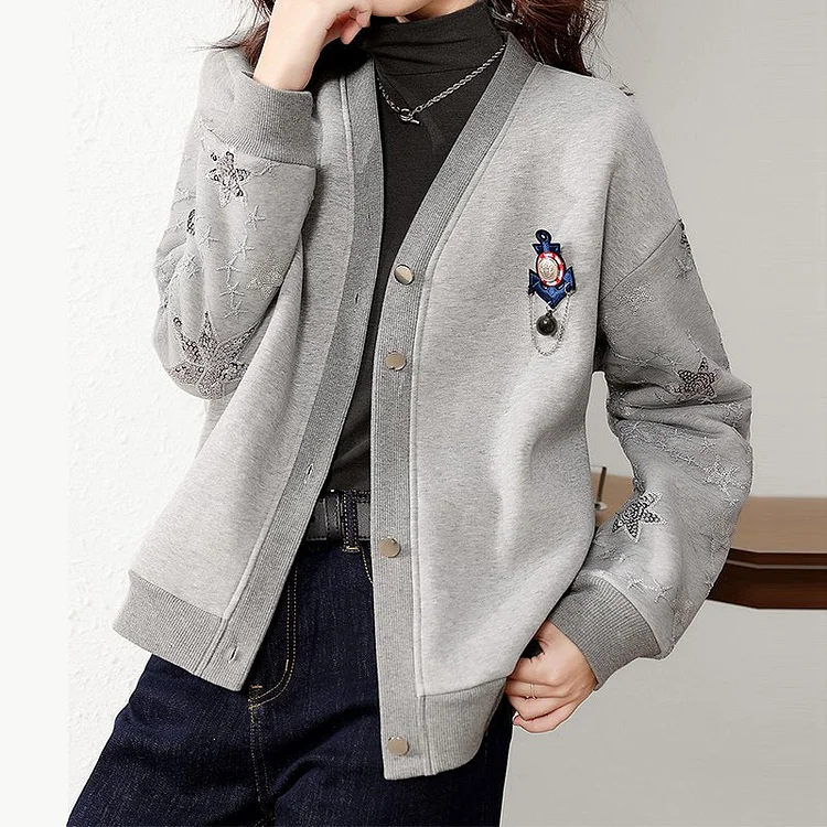 Gray Cotton-Blend Casual Outerwear QueenFunky