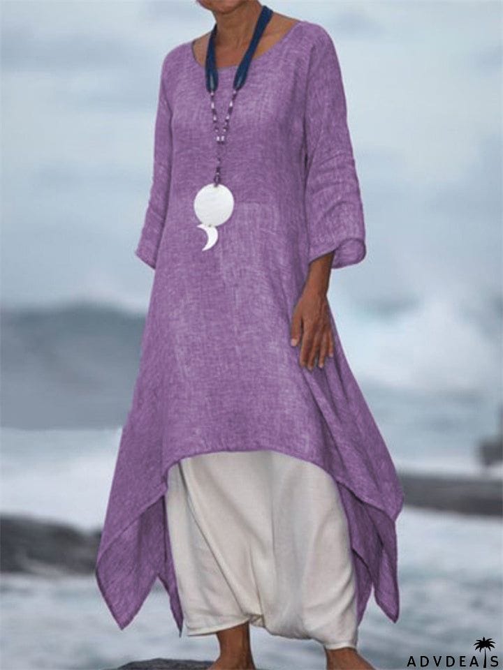 Vintage Asymmetric 3/4 Sleeve Crew Neck Linen Plus Size Dress