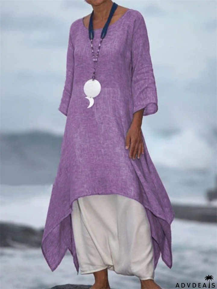 Vintage Asymmetric 3/4 Sleeve Crew Neck Linen Plus Size Dress