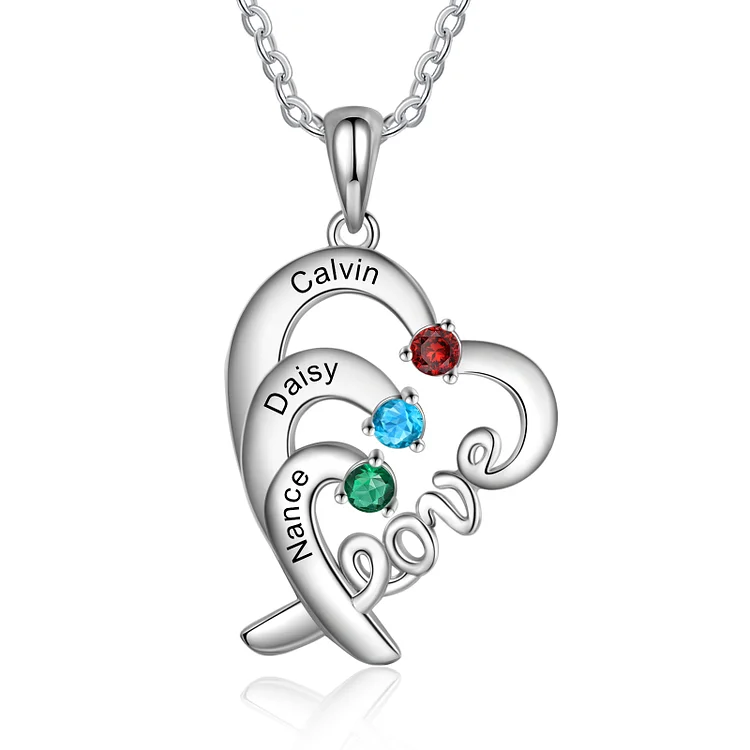 Collar "Love" corazón 3 nombres personalizados con 3 piedras de nacimiento